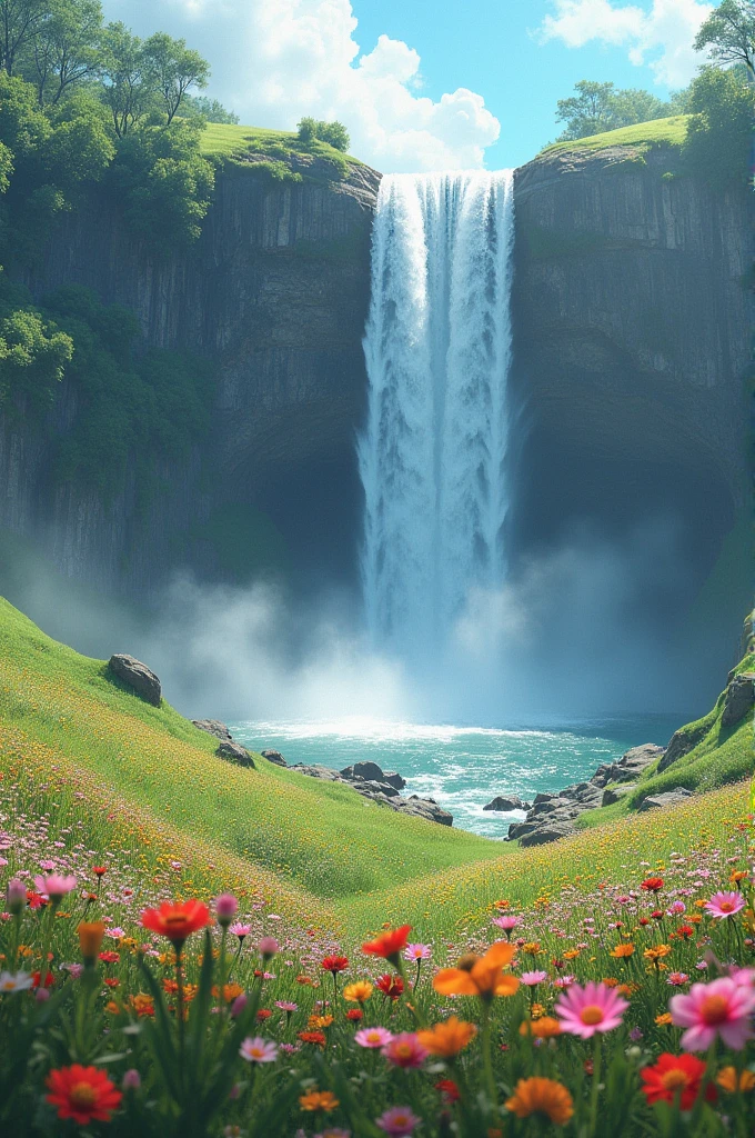 A tall and beautiful waterfall surrounded by flower fields.