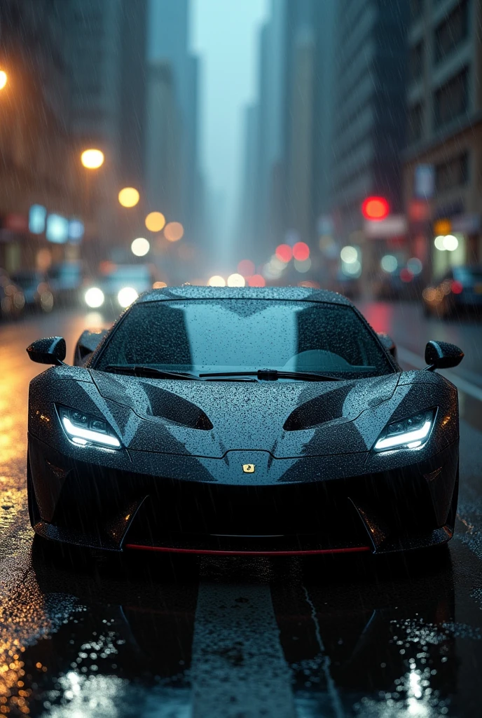 Photo of a black car in the rain 

