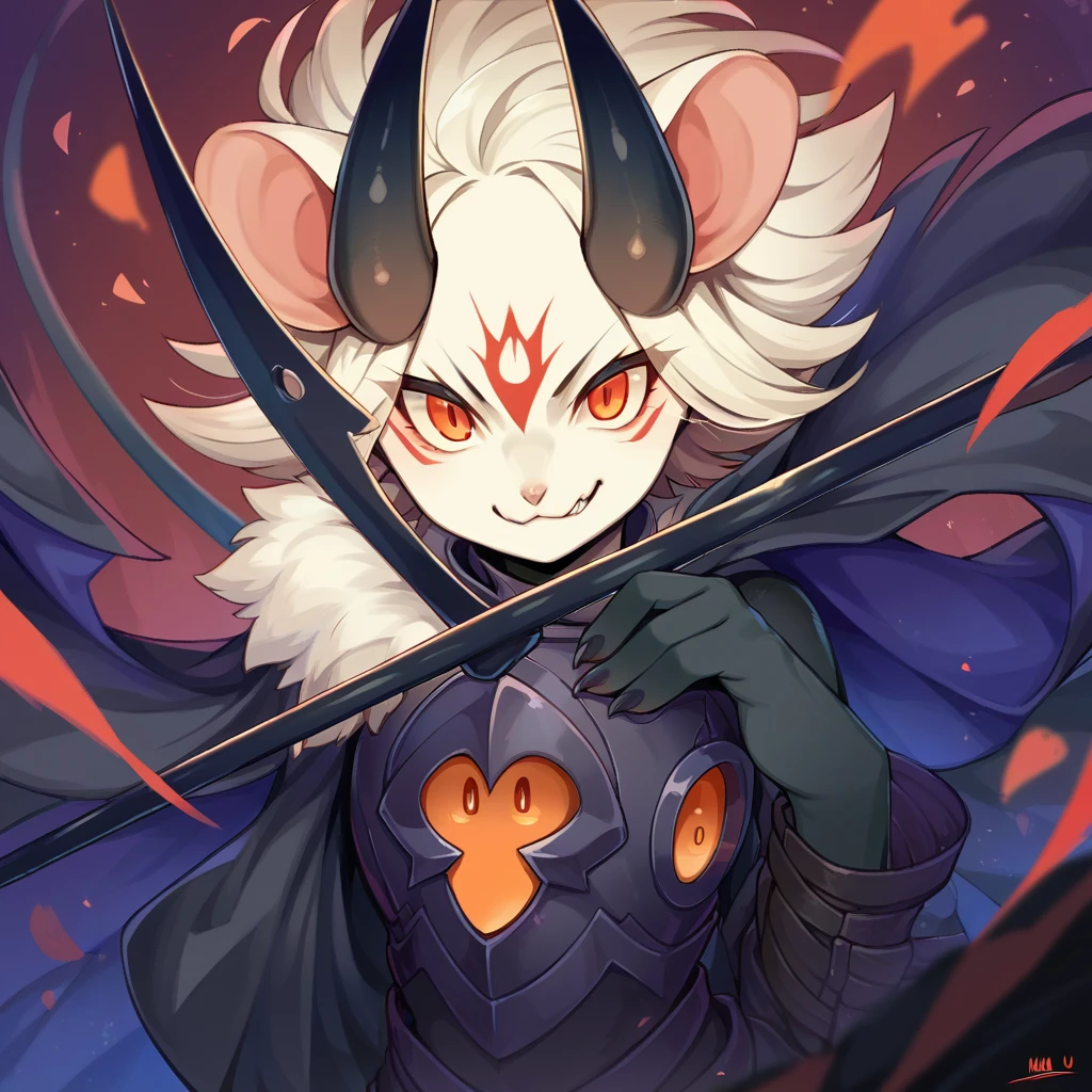 mumu202, score_9, score_8_up, score_7_up, score_6_up, Evil Mouse, with ebony black fur and medium-orange eyes in demonic armor