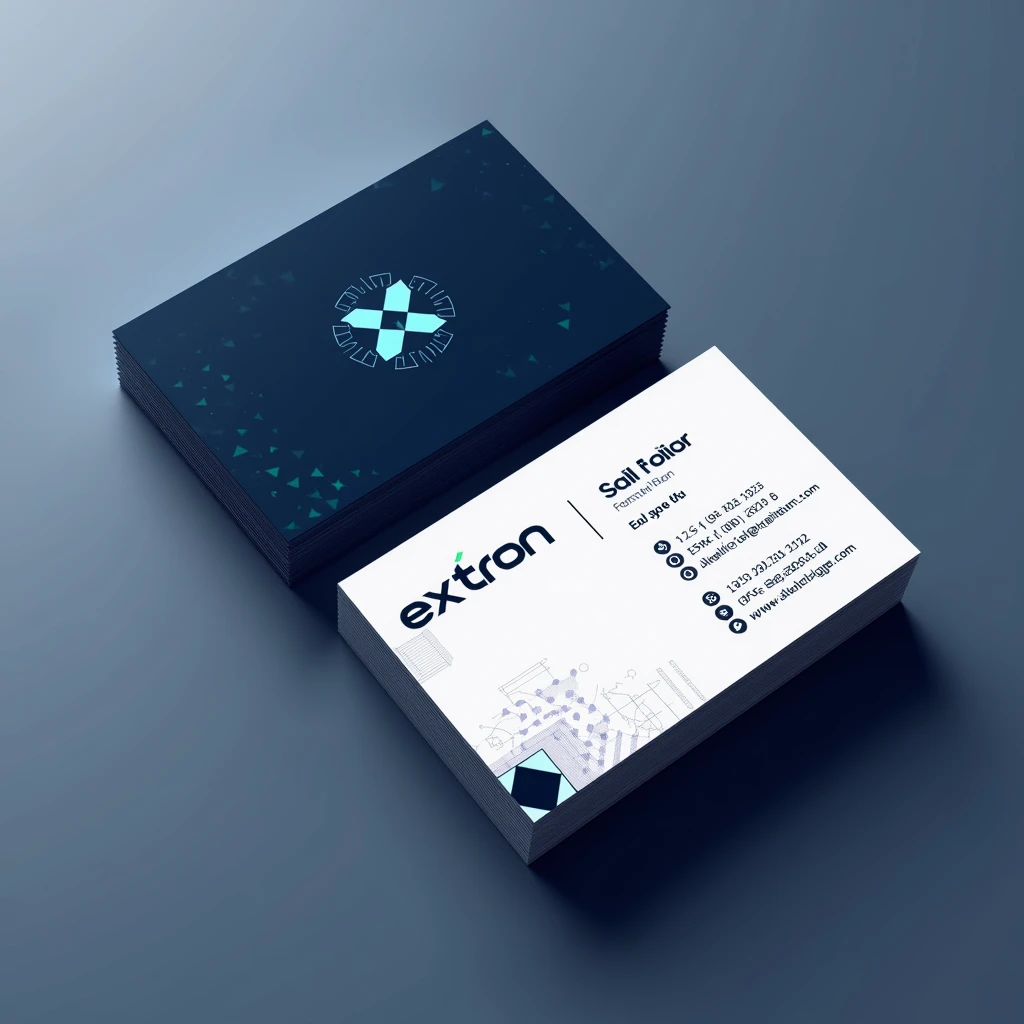 Design a business card for "Extron," a cryptocurrency trading company with the slogan "The future is today." The card should feature a modern and futuristic logo that represents the digital and decentralized nature of cryptocurrencies. Use navy blue and white as the primary colors, with a sleek and sophisticated design. Incorporate elements like blockchain graphics, digital tokens, or abstract tech patterns to highlight the company's cutting-edge industry.