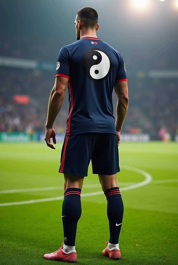 Create a football shirt and shorts inspired by the yin yang symbol now on the back 