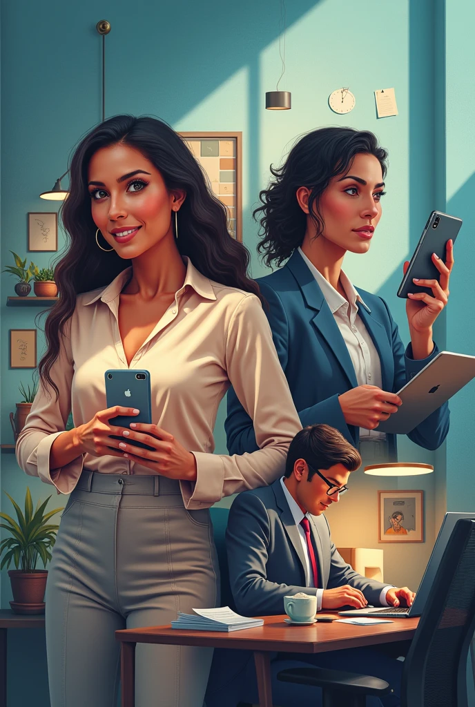 Create a real image that highlights the flexibility and opportunities offered by the Professional Secretary course. The scene should depict latin people working from various locations such as home, a café, and an office, using devices like laptops and tablets. The background should convey a modern, real and empowering atmosphere with subtle hints of online learning interfaces.