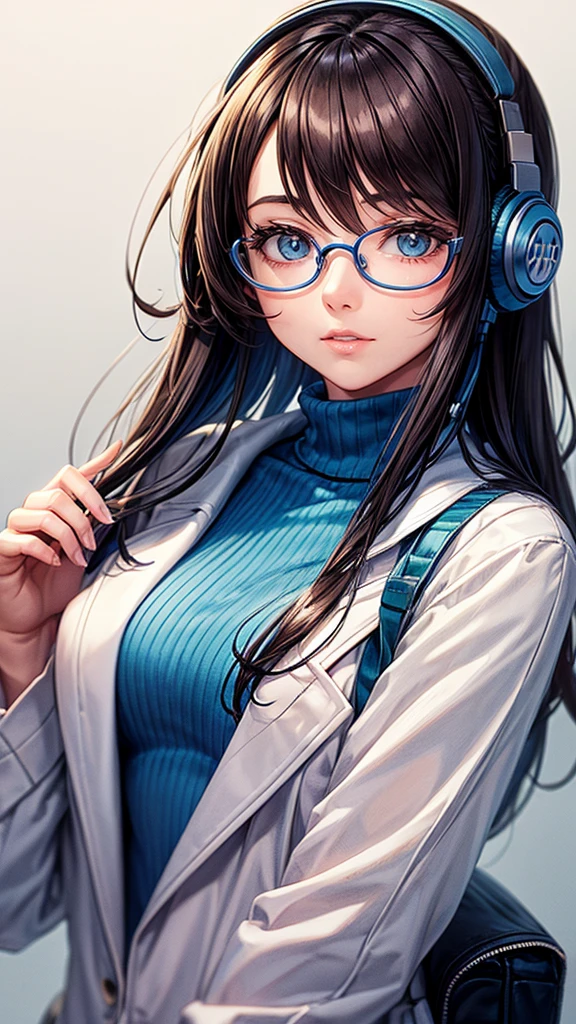 Pencil drawing of a girl in a blue turtleneck with glasses and headphones
