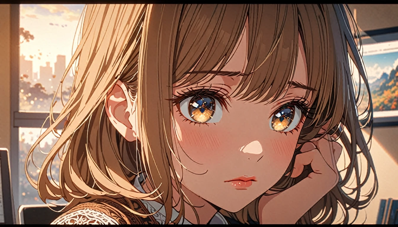 A depressed girl holding her head, in a small office, intricate details, beautiful detailed eyes, beautiful detailed lips, extremely detailed face, long eyelashes, animetic, 8k, high quality, detailed background, natural lighting, warm color tones, serene atmosphere, emotional expression, contemplative mood