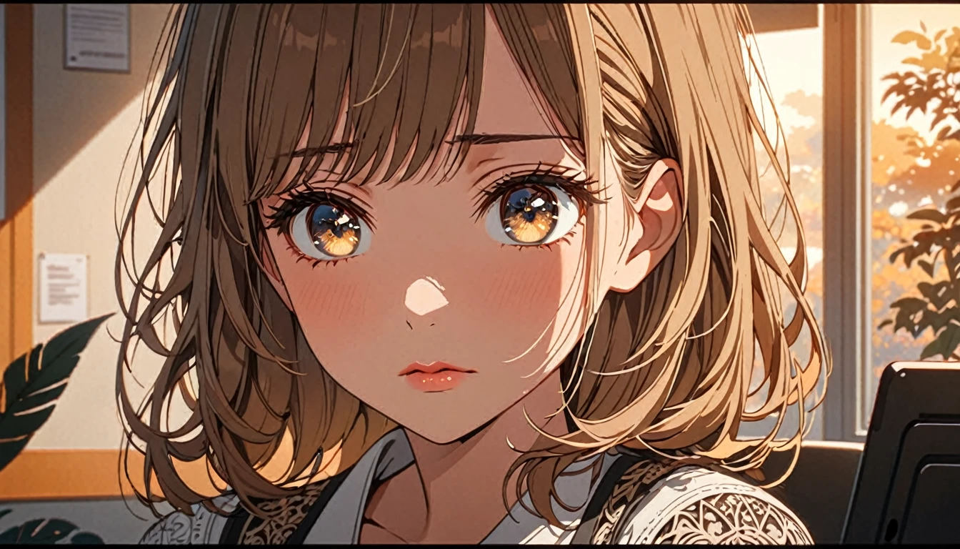 A depressed girl holding her head, in a small office, intricate details, beautiful detailed eyes, beautiful detailed lips, extremely detailed face, long eyelashes, animetic, 8k, high quality, detailed background, natural lighting, warm color tones, serene atmosphere, emotional expression, contemplative mood