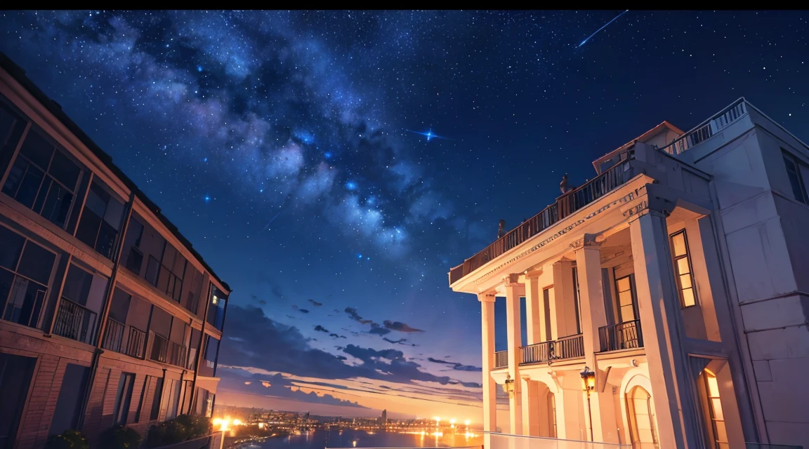 (masterpiece, Highest quality,Movie Frame),wallpaper,Standing on the balcony looking at the sky.,Color Horizontal,Detail Surface,alone,milky way,board member,,At night,starry sky,star,meteorite,luz de la board member,Dim Light,Panorama,Wide-angle view,starcloud,Very detailed