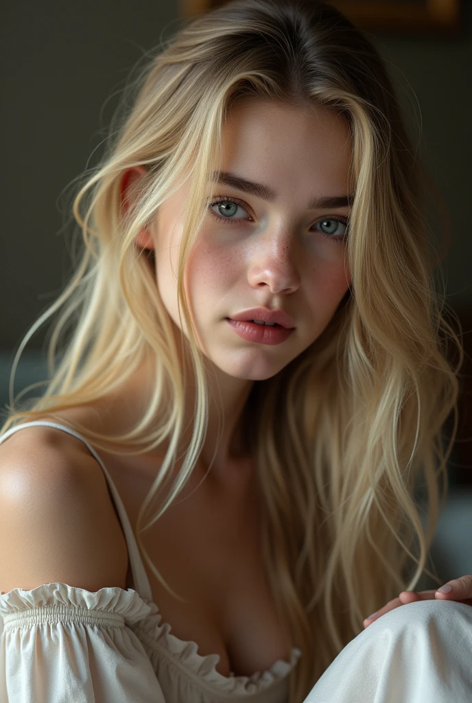 A long-haired blonde girl,black eyebrows,pink lips ,Perfect eyes,That she is sitting,2k,be real