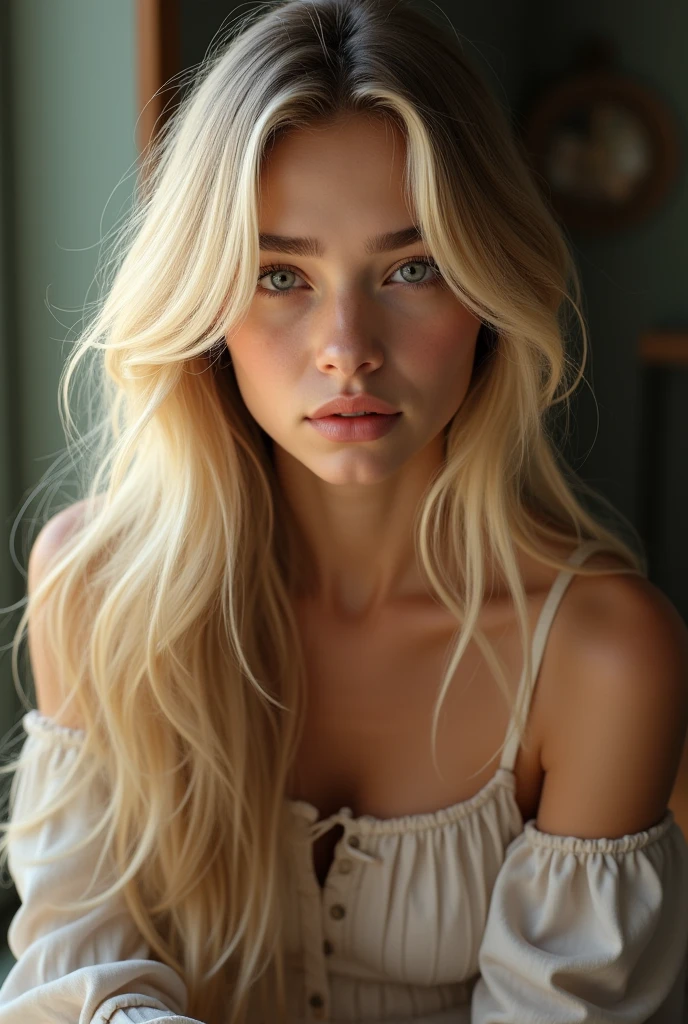 A long-haired blonde girl,black eyebrows,pink lips ,Perfect eyes,That she is sitting,2k,be real