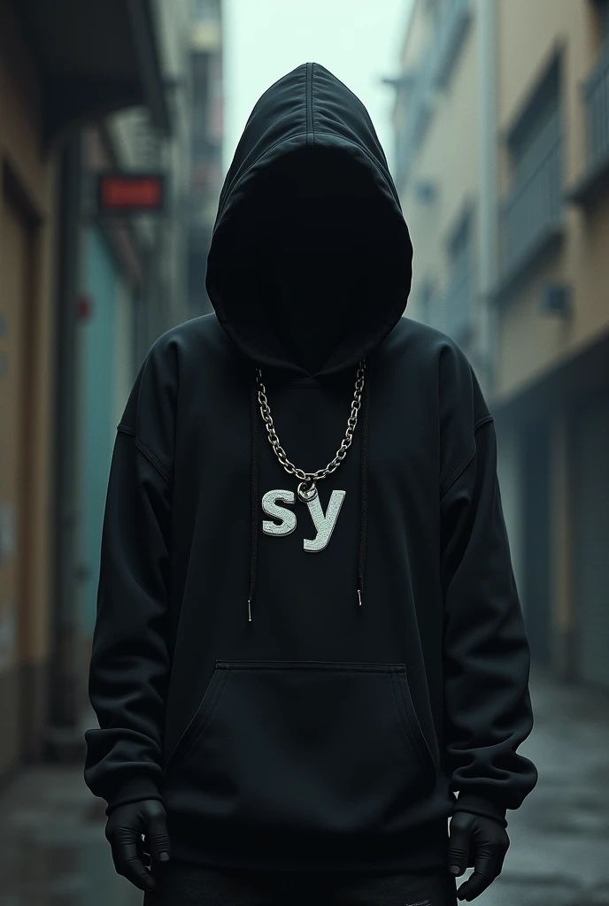 Anonymous with a chain around his neck that says SY and the aggressive and girly letters