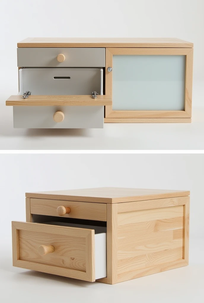 Create a bread box in which you make a two portion the door of upper portion will be in form of acrylic mirror with wooden knob. Or the door second portion downward will be make with wooden border. also you add bread cutting board on last portion which can be come out to cut a bread or bread thrash can be thrown easily. Also add Wooden knob on second door. 1 thing more you fix a rubber pad on every edges of box. 