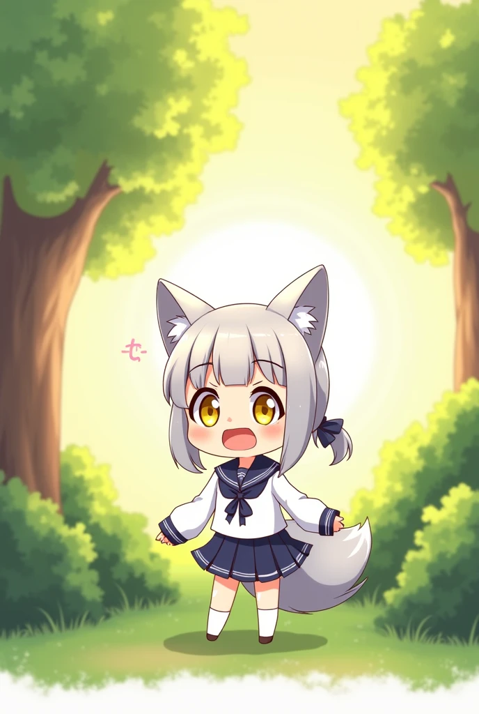highres, , a fox, nenodroid, glad, laughing, standing, looking at viewer, ponytail, blunt cut, silver hair, golden eyes, big eyes, eyes open, fair skin, chibi, slim, mini skirt, school uniform, sailor uniform, ribbon, with fox small ears silver, , japanese, white background, in the forest, with a sun, with a tree, kawaii, chibi anime, soft-edged, full body shot, from front, sunrise