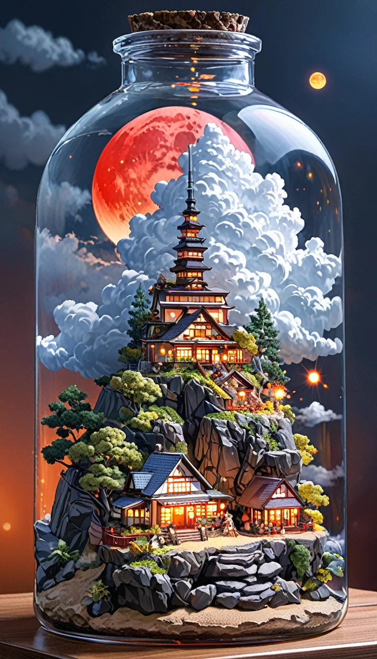 ((anime: 1.4, figure)), (masterpiece, Highest quality, Highest quality), (Very detailed, The absolute solution), ((16K, High resolution)) (anime Style), (masterpiece, Highest quality, Highest quality), (Very detailed, The absolute solution), Cumulonimbus、Big cliff、A lighted house、Red Moon