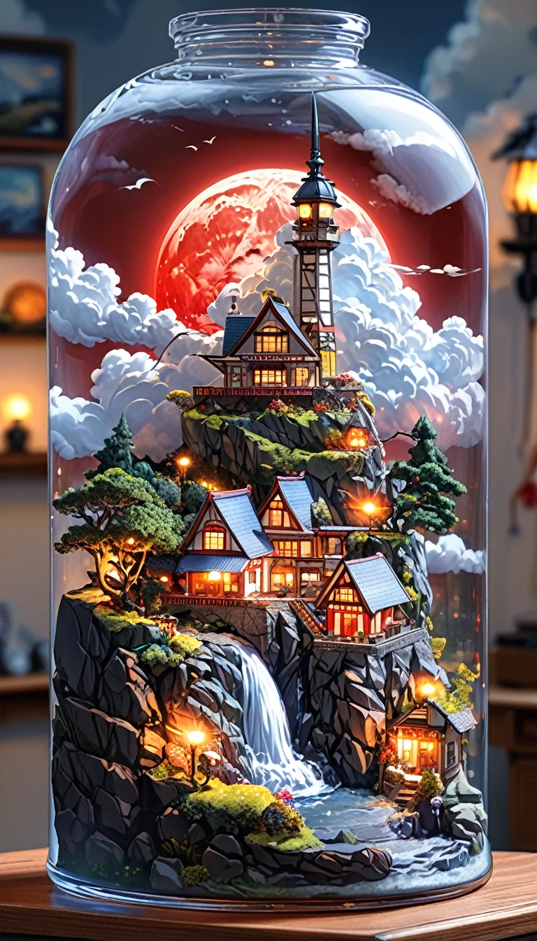 ((anime: 1.4, figure)), (masterpiece, Highest quality, Highest quality), (Very detailed, The absolute solution), ((16K, High resolution)) (anime Style),  (masterpiece, Highest quality, Highest quality), (Very detailed, The absolute solution), Cumulonimbus、Big cliff、A lighted house、Red Moon