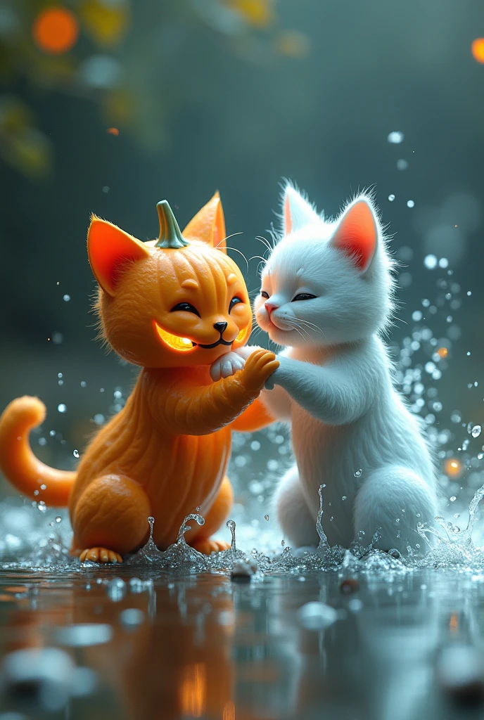 Pumpkin cat playing with a water cat
