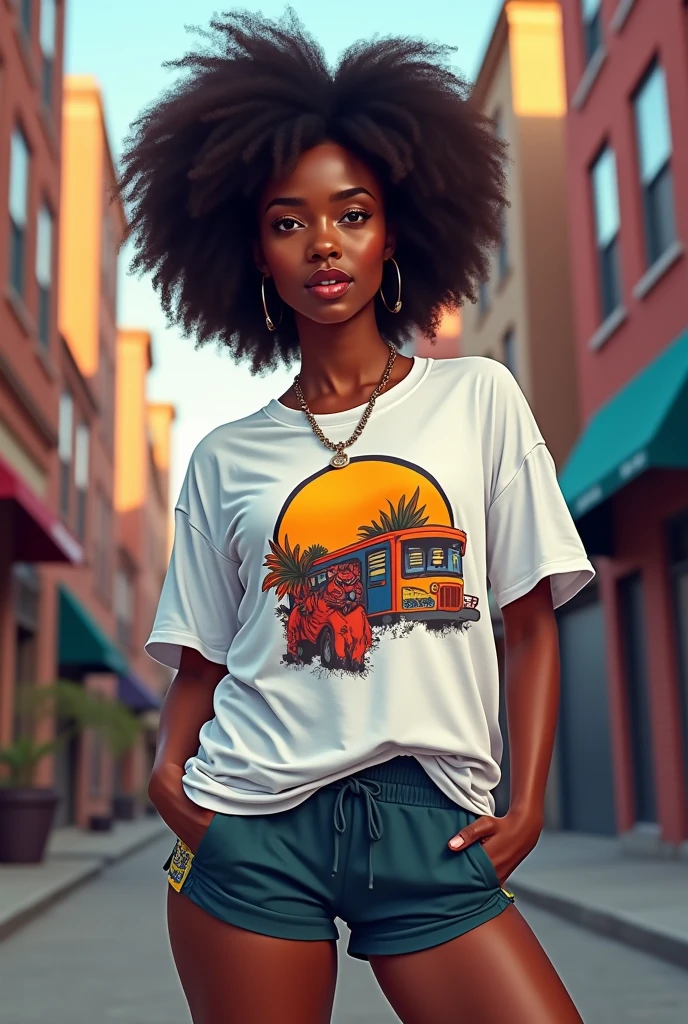 A black girl with an afro and wearing a white loose t-shirt with a hip hop print and tight sports shorts. A neighborhood in the background. 