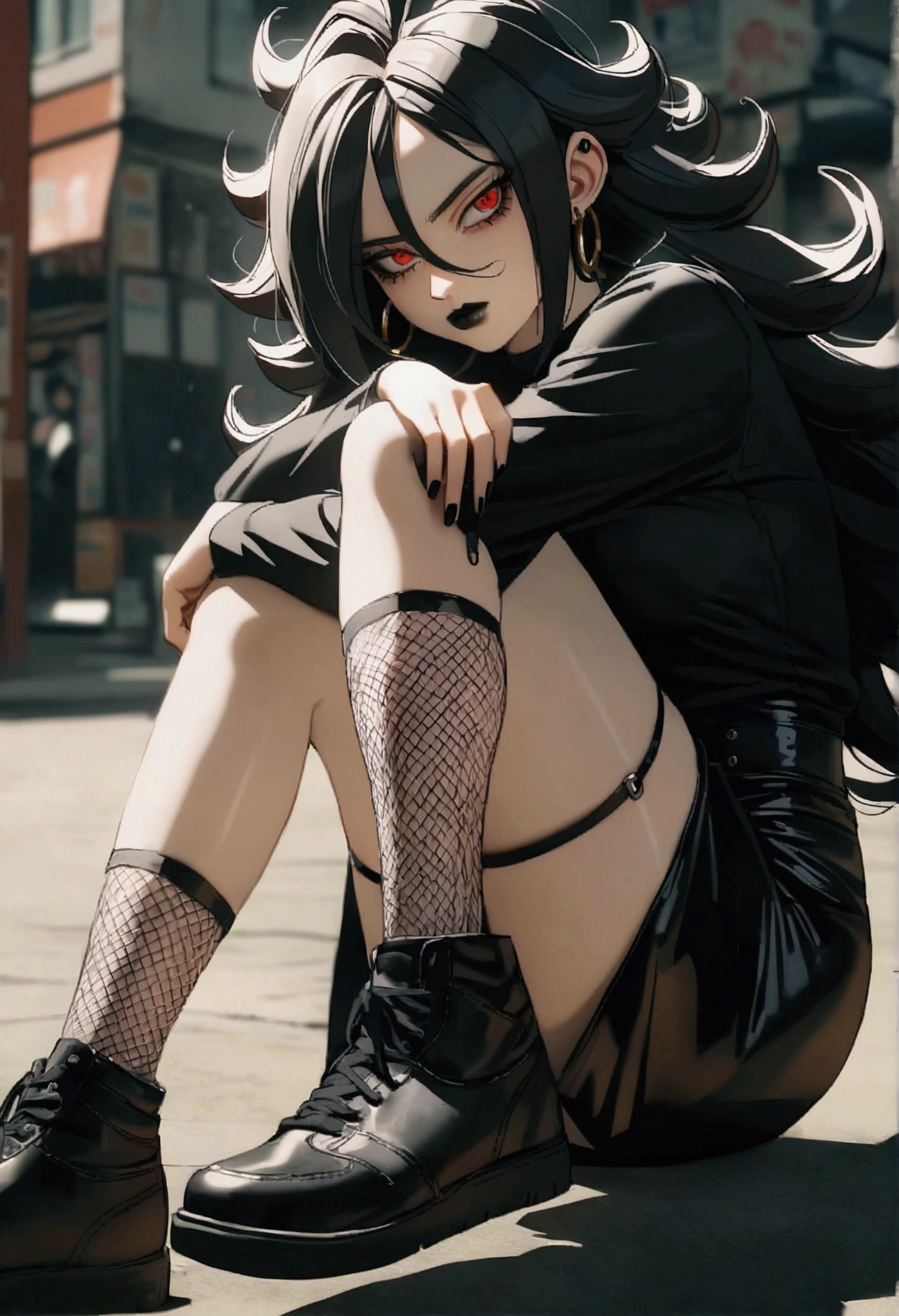 Android 21 from dragonball, black hair, long hair, curly hair, red eyes, hoop earrings, goth girl, bored eyes, black lipstick, black eyeshadows, black shirt, black skirt, fishnets on legs, black sneakers,