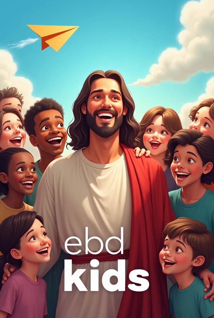"Create an image of Jesus surrounded by happy children, with the text 'EBD Kids' prominently displayed in the center. Include the Bible reference 'Matthew 19:14' in a subtle font, but readable. Also add the phrase 'With Prô Priscila'. The scene should be bright and cheerful, with a blue sky and fluffy clouds, as well as playful elements such as a paper airplane. Jesus should be portrayed with a warm and welcoming expression, and children should look happy and diverse. The general atmosphere should be vibrant, inviting and full of positive energy."