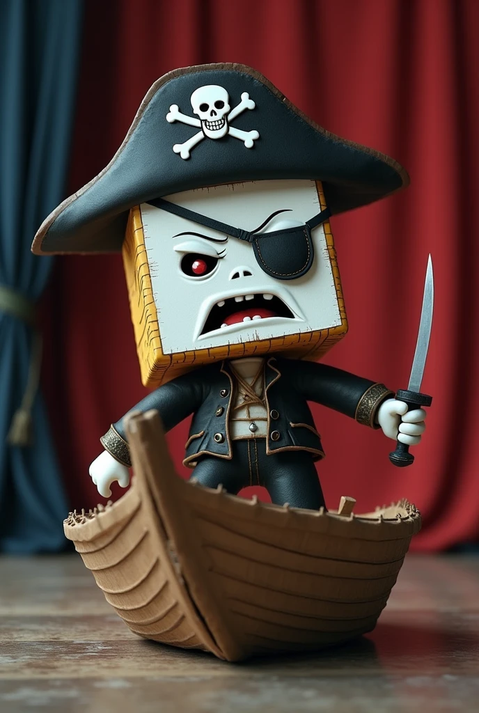 Create a humanoid rubik's cube, The face part is white and he is an evil antagonist, in pirate costume, on the pirate hat there is a capital J, that he is on a cardboard boat, has a patch and is stopped, the background is a stage for a play, The Rubik's cube is showing the sword and the image is seen from below