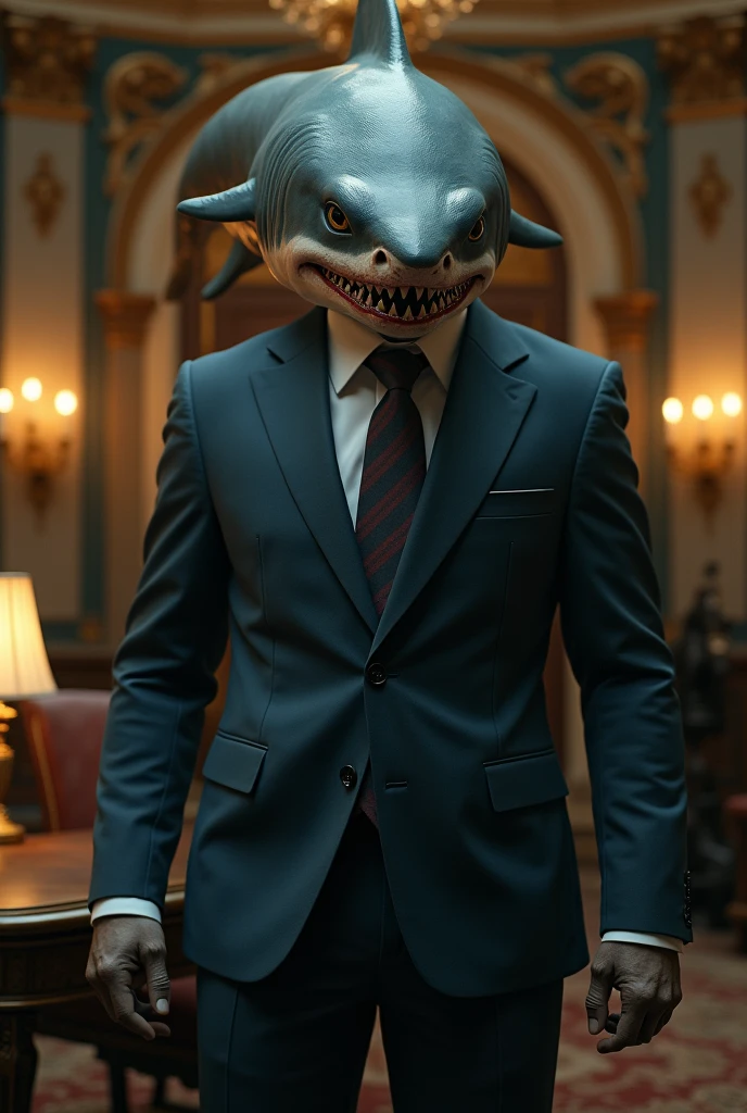 shark in the body of a man dressed in a suit, evil smile, Classicism, super detail