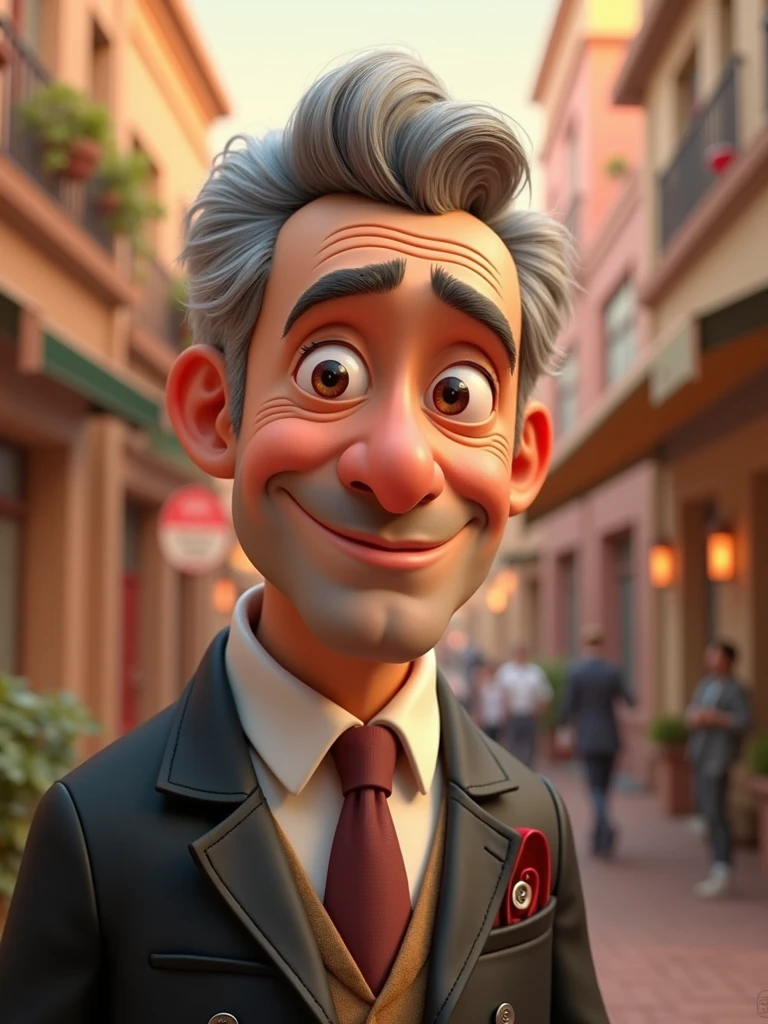 Create a Disney Pixar-style, 3D character of a 6 man, brown eyes, short gray hair, with a normal mouth, a big, airy nose, thick eyeshadows, wearing dress clothes