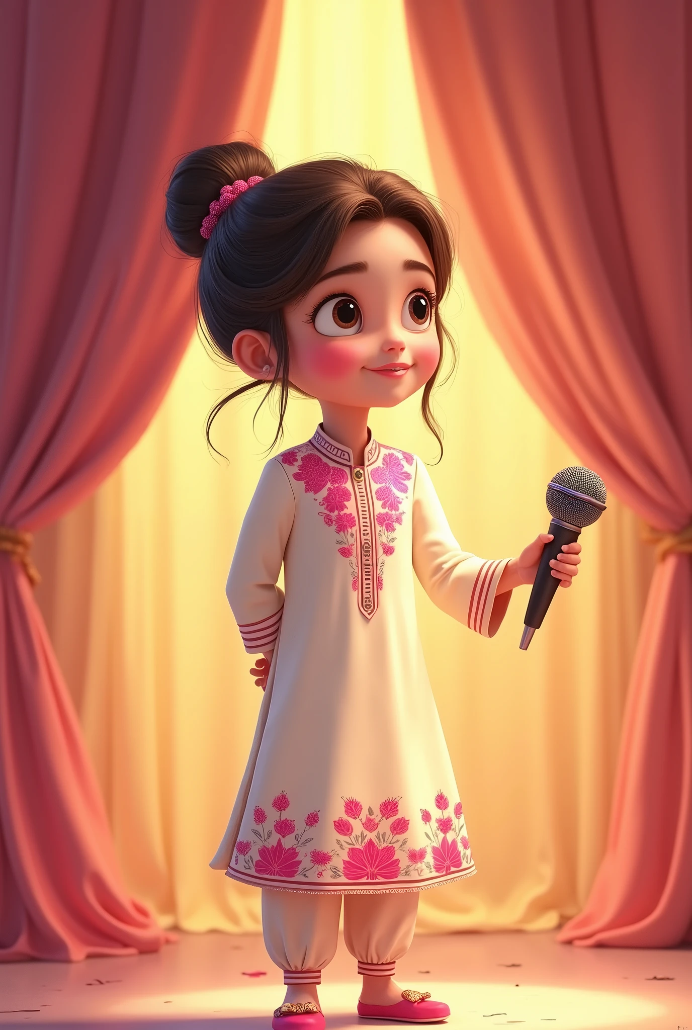 Lily, (highest quality, 4k, masterpiece:1.3), A young Pakistani Muslim girl wearing a traditional cream shalwar kameez with pink floral embroidery. Her hair is styled in a neat bun with loose strands framing her face, as seen in previous images. She stands with her hands behind her back, holding the microphone, looking to the side with a curious expression. The image is in a 2D animation style, with bright colors, cartoonish features, and soft, smooth shading. The background shows soft curtains, warm stage lighting, and a playful, joyful atmosphere. Clear outlines, simple textures, and an illustrated, digital painting look. (Cream shalwar kameez, pink floral embroidery, consistent outfit:1.3), (same hairstyle as before:1.3), (microphone in hand:1.3), (microphone always visible:1.3)