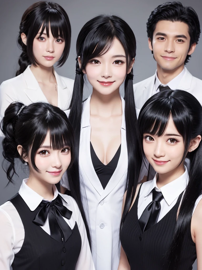 high quality, 3 people、、White、Black Hair, Long Hair, Shortcuts, ponytail, chest, smile, Illustration, Anime Style,
