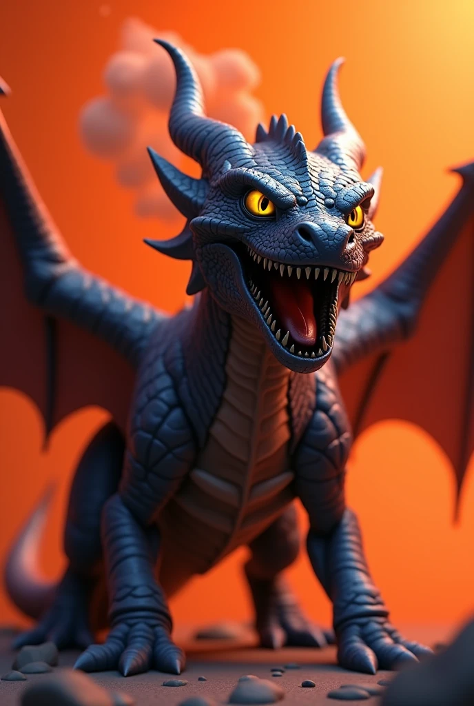 Quero um shadow dragon do jogo adopt me no Roblox. I want it with my mouth open, smoke coming out of the nose with an orange background