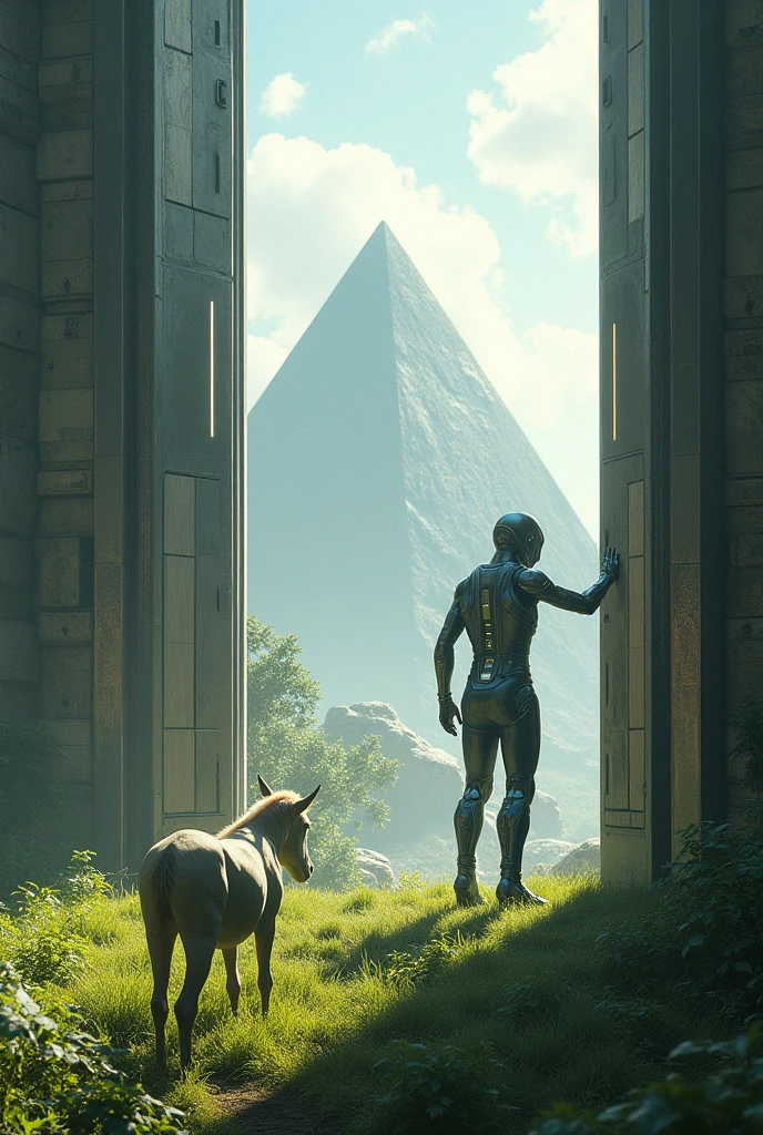A futuristic man pushing futuristic doors and in front of him a pyramid with grass and animals .