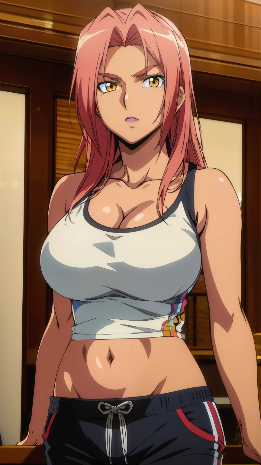 (Highest quality, masterpiece, 8k:1.2), anime art style, ultra-high resolution, hyper detail, Ingrid, one girl, 20 years old, adult woman, high height, big breasts, dynamic angle, staring at the viewer, (Tank top, cleavage, belly button, shorts, gym, Bright indoors)