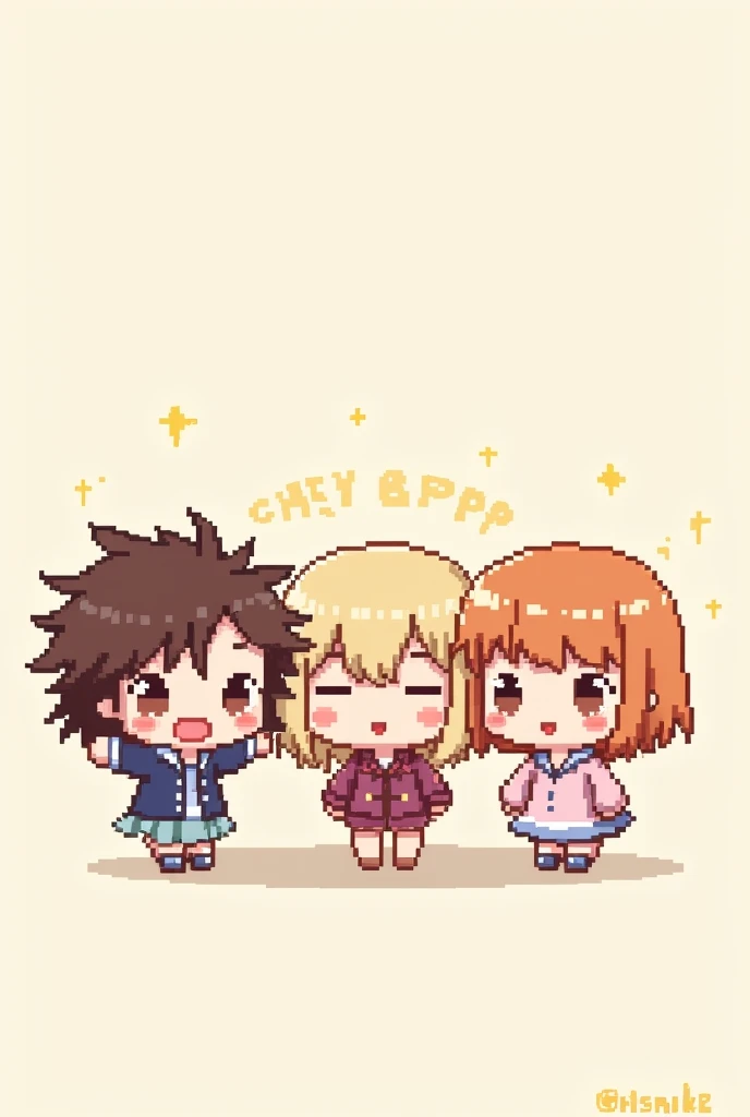 Create a pixel art style image of 3 hello kitties girlies standing next to each other, one has shoulder height brown curly hair, the second one has long straight light brown coloured hair, with some side bangs, and the third one has shoulder high orange-brownish straight hair. they're smiling and blushing, with some golden sparkles around them. They look like they're having fun