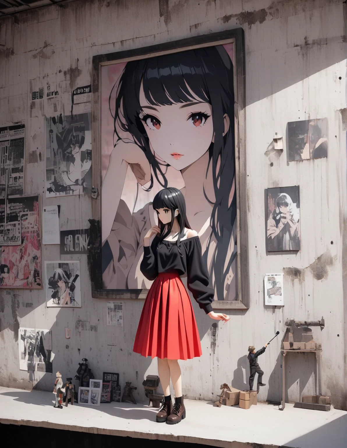 Garry Trudeau style, character, Ink Art, 側面figure ，(Better Quality, overview:1.2),Realist,figure，Long Hair Girl, Delicate lips, Red Skirt, (Newspaper wall background：1.3),Neon Hair, Retro Style, (Black bob hair:1.75 neon lights:1.32), , Dark Shadows,2d