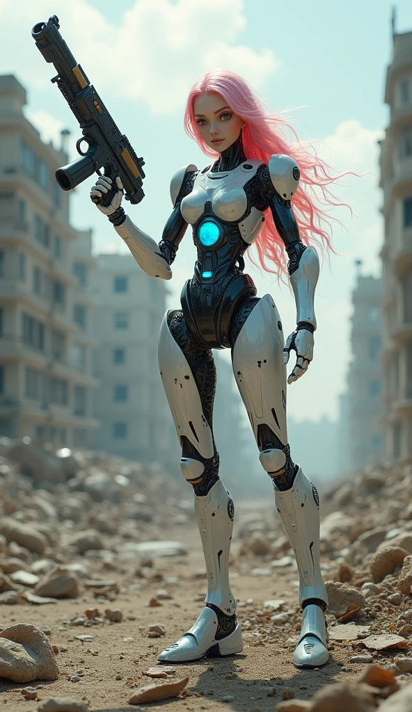 Female robot,full body,perfect Female face,fair_skin,blue eyes,pink hair,Realistic photo,looking at viewer,mechanical arms,mechanical leg,Standing,wavy hair,curvy,chest blue energy core,the ruins of war,Arm-integrated firearm,(Raise the gun to aim:1.5),Energy gun,muzzle,