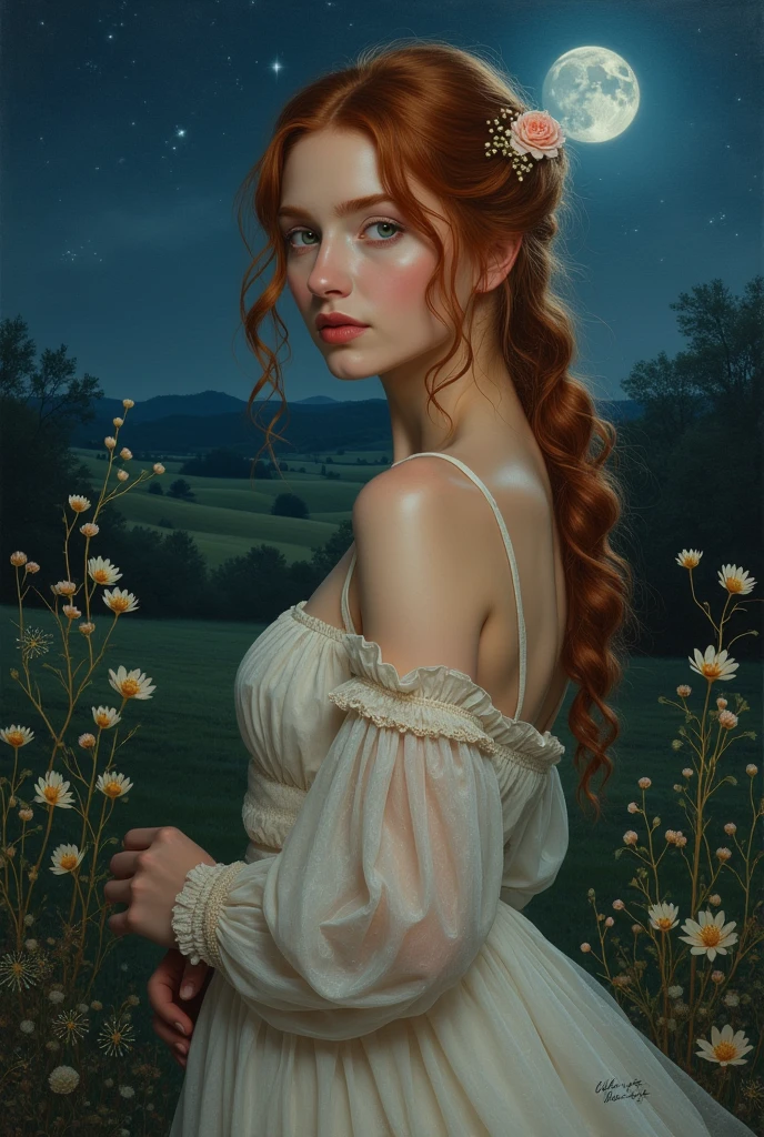 make me a picture of a beautiful english woman at night