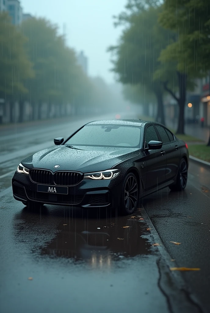 Photo of a black car on its side in the rain