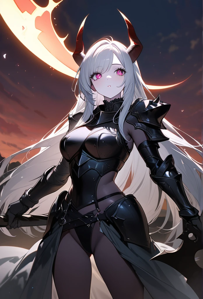 (One Woman),(Best image quality, 32K, masterpiece:1.3),((Silver long hair:1.1)),(Swept-apart bangs,Braiding), (Cute eyes, Dark Eyes), (Detailed eyes),(Mole under right eye), (Standard weight), (Glowing Skin:1.1),(Pale skin:1.2),(A fantastic atmosphere),(look up),Ultra-high resolution, Textured skin, Sparkle Effect, whole body,

dark Knight,Black plate armor with one large spike on the shoulder,Black skull helmet with two horns,Black tattered cloth,

Death Scythe,Scythe,

Red-black sky,Black desert,Standing posture,Don&#39;t show skin,Burning Desert,inflammation,