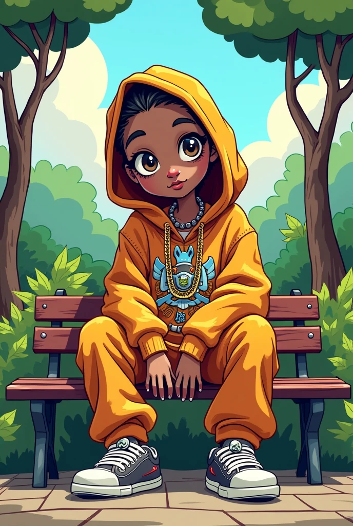 A thin person with baggy clothes in a Rapper style with a hood sitting in a park but in a Cartoon style