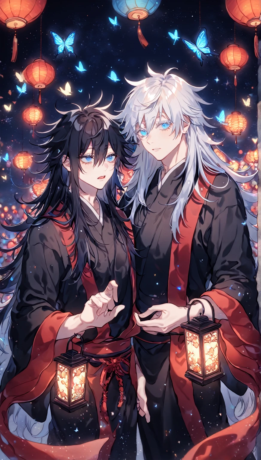 Ultra detailed, Highres, absurdres, HDR, master piece, Gojou Satoru, white hair, expressive blue eyes, white eyelashes, long hair, black Chinese robes, Fushiguro Megumi with long hair, black hair, expressive blue eyes, Jujutsu Kaisen, two sexy men together, gay couple, yaoi, blue starry sky, glittering, yellow butterflies, manly men, shining lanterns, red magical, blue butterflies, trimming