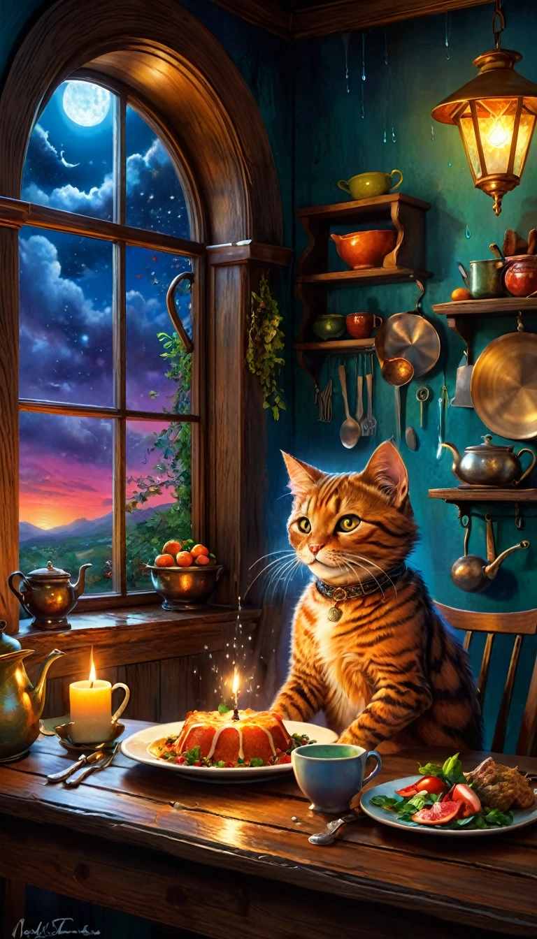 Vaskas nonchalant dining, melding magical realism into the tale, tempering fantasy. For personas, spotlight Vaskas insouciance, his voracious appetite, and his feline grace. Infuse with atmospheric detail a soft drizzle, twilights dim glow at a cozy kitchen nook. Finalize with a magical realist touch, in the style of Gabriel Garca Mrquez.