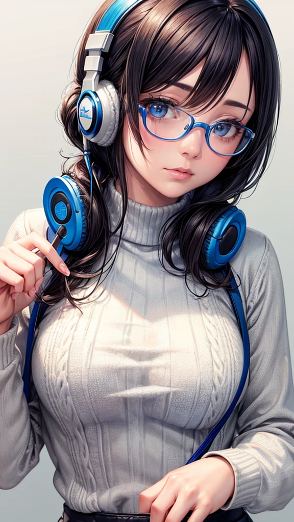 Pencil drawing of a girl in a blue turtleneck with glasses and headphones drawing a picture