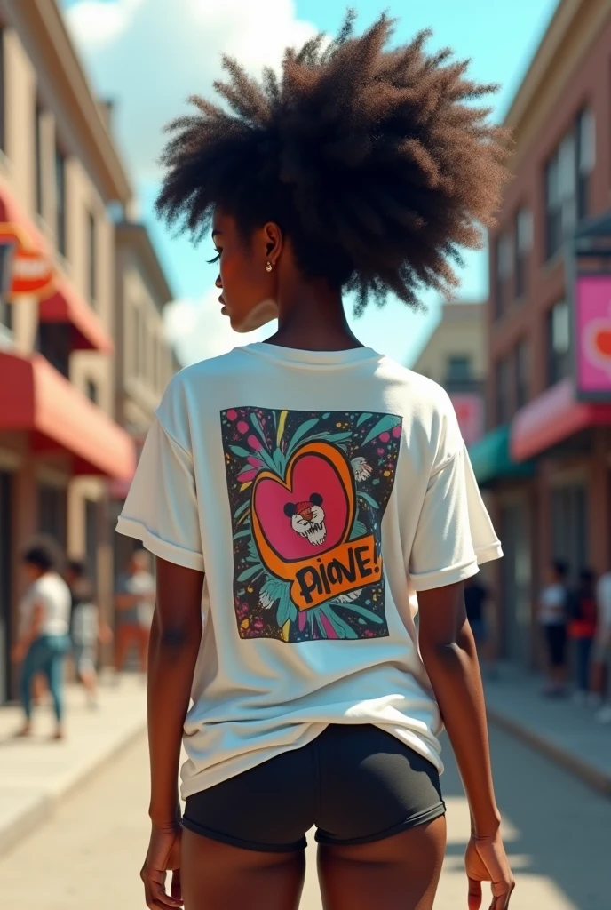 A black girl with an afro and wearing a white loose t-shirt with a hip hop print and tight sports shorts. A neighborhood in the background. the girl has her back turned.