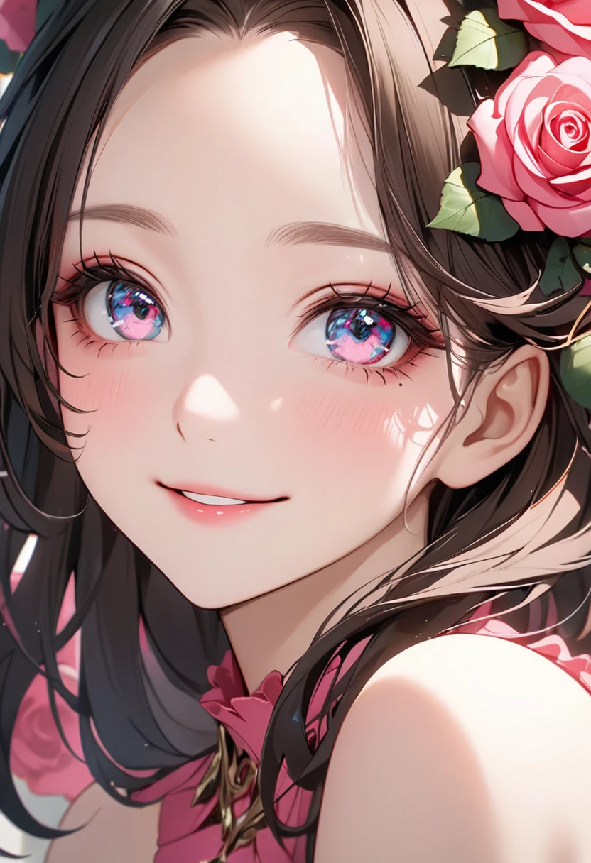 8K,high res,Skin details, Beautiful facial features, Exquisite makeup, Exquisite eyes, Eye detail,smile,forehead,dark hair,rose-pink tops