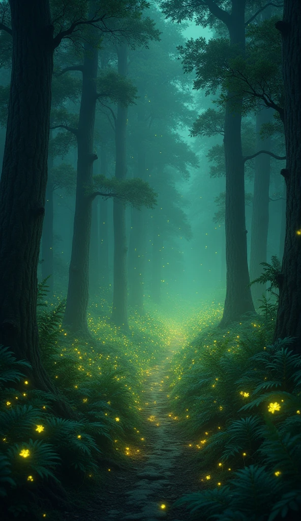 Generates an image of a forest full of fireflies lighting up the night