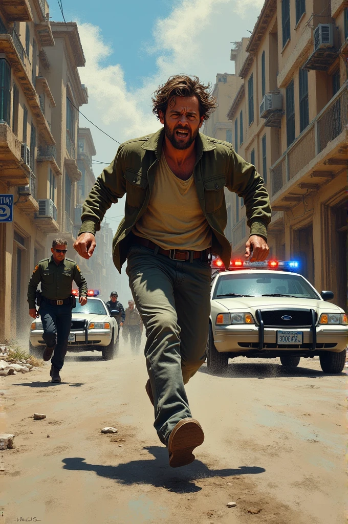 A rough oil paint of a man chased by law enforcers and broke his own leg