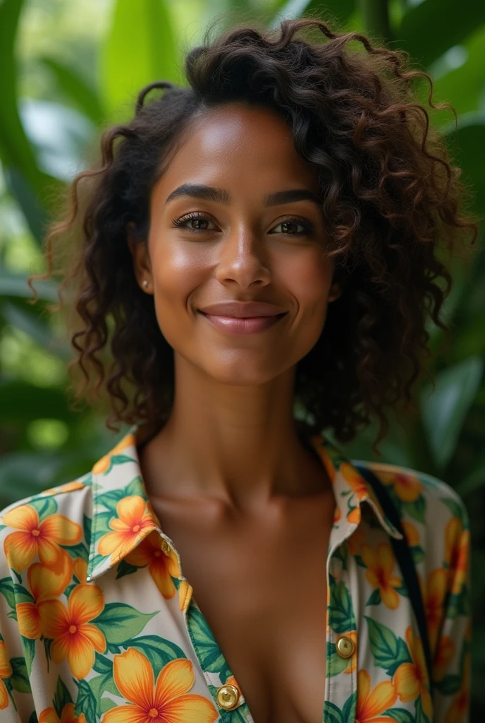 A Brazilian woman in a lush tropical garden, wearing an open shirt with a floral print, with a close-up capturing the harmonious beauty between her breasts and the natural flowers, showing off your natural charm and outgoing personality.