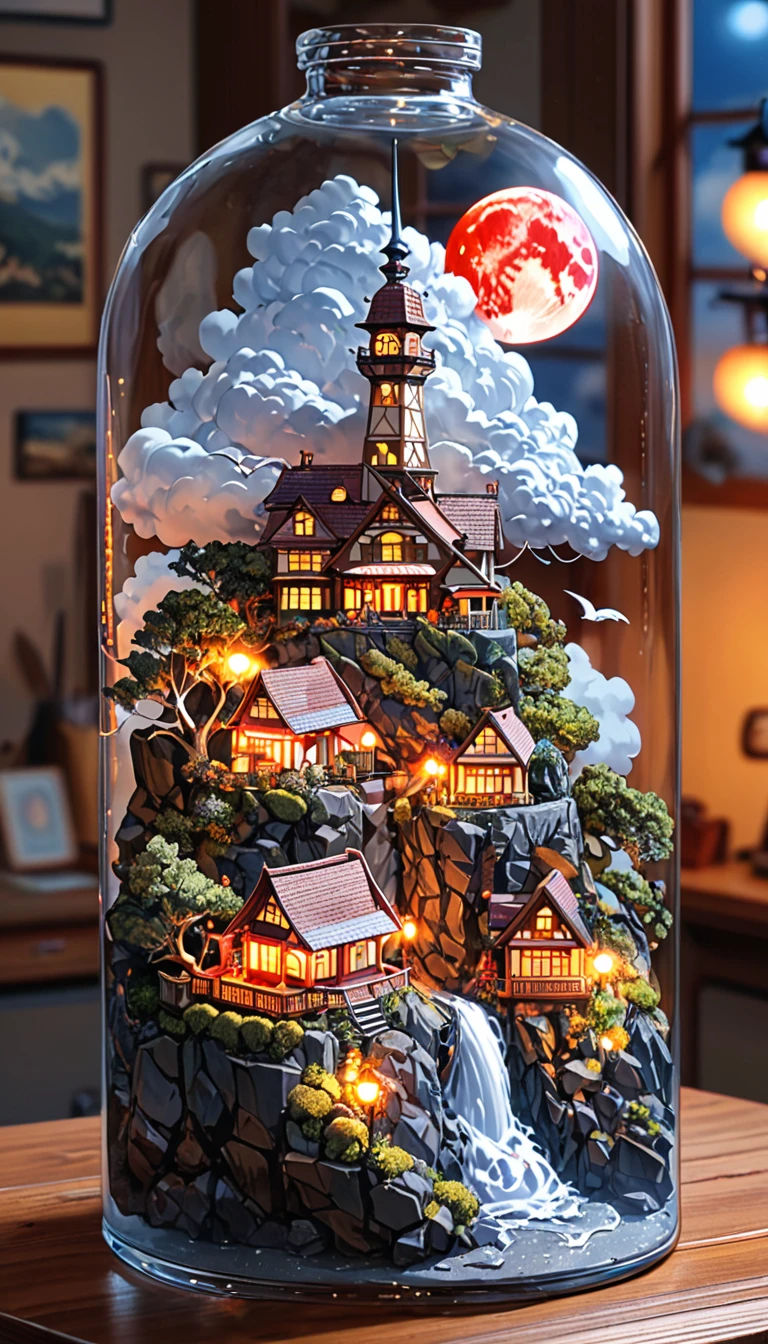 ((anime: 1.4, figure)), (masterpiece, Highest quality, Highest quality), (Very detailed, The absolute solution), ((16K, High resolution)) (anime Style), (masterpiece, Highest quality, Highest quality), (Very detailed, The absolute solution), Cumulonimbus、Big cliff、A lighted house、Red Moon