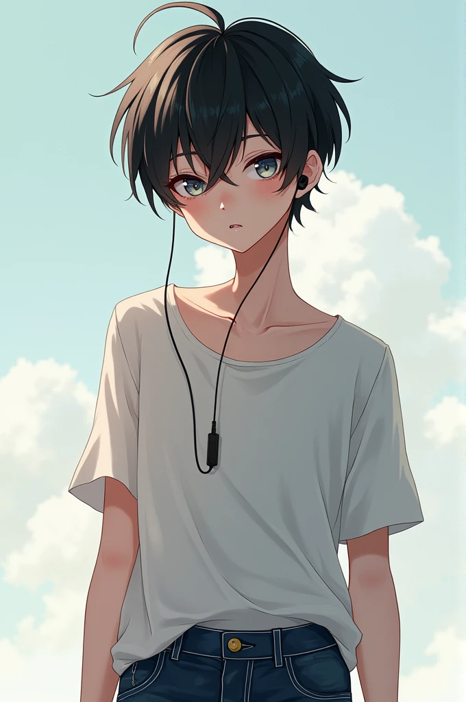 Anime boy, wear dark blue jeans, rippling, wearing airpods, mewing