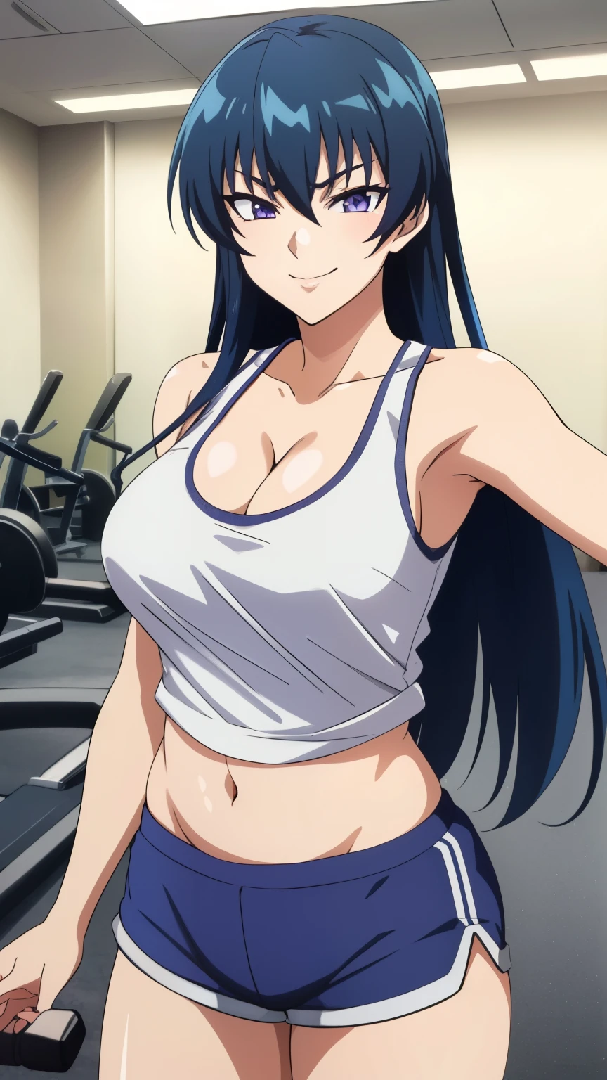 (masterpiece, best quality, high resolution, 8k:1.2), (anime), Asagi, (beautifully detailed eyes:1.2), highly detailed face, Long Hair,Blue Hair, Hair between the eyes,Thin, Side Lock, Purple eyes,  View your viewers,(Tank top, cleavage, belly button, shorts, gym, Bright indoors), Intricate details, Cinema Lighting, One girl, Cowboy shot, Dynamic pose, smirk