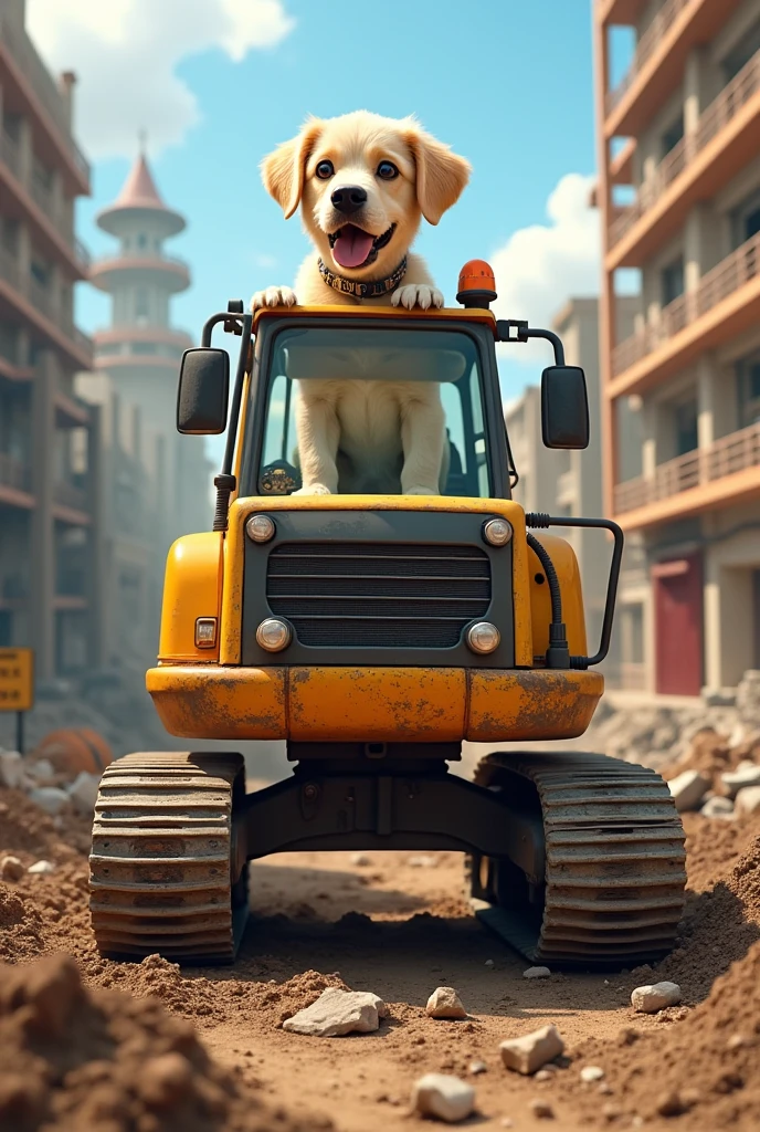 A dog sitting on an excavator