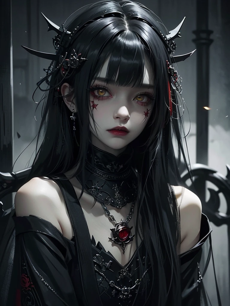 Highest quality、8K、masterpiece：1.3、Gothic Punk、The inside  is red、Black-haired、hair ornaments、Beautiful girl、creative、Dark Fantasy Style、Neogoth、Goth Fashion：1.2、Yellow Eyes、I can see the fangs、Castle at night