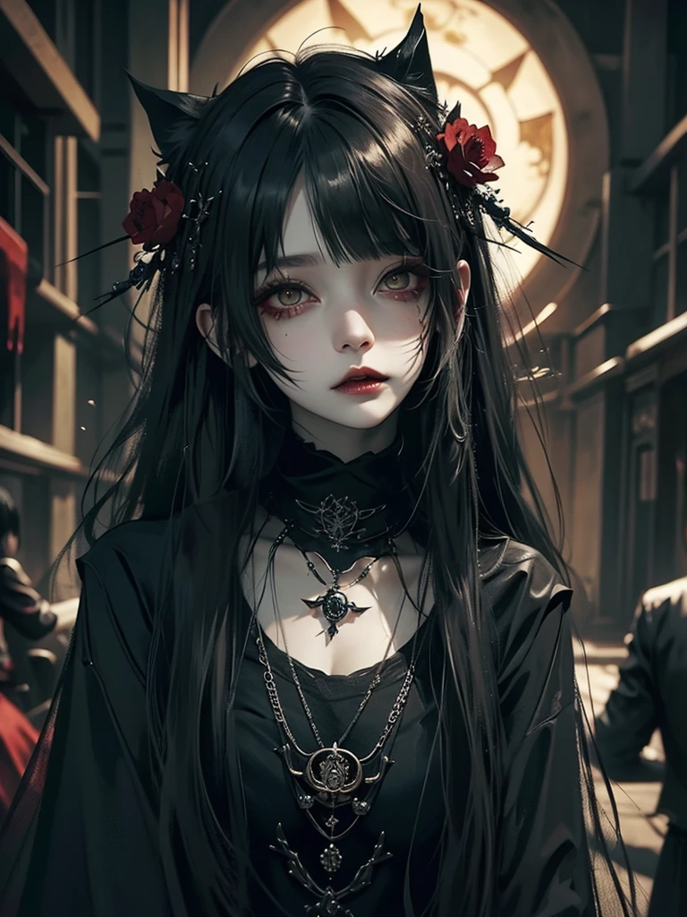 Highest quality、8K、masterpiece:1.3、Gothic Punk、The inside is red、Black-haired、hair ornaments、Beautiful girl、creative、Dark Fantasy Style、Neogoth、Goth Fashion:1.2、Yellow Eyes、I can see the fangs、Castle at night
